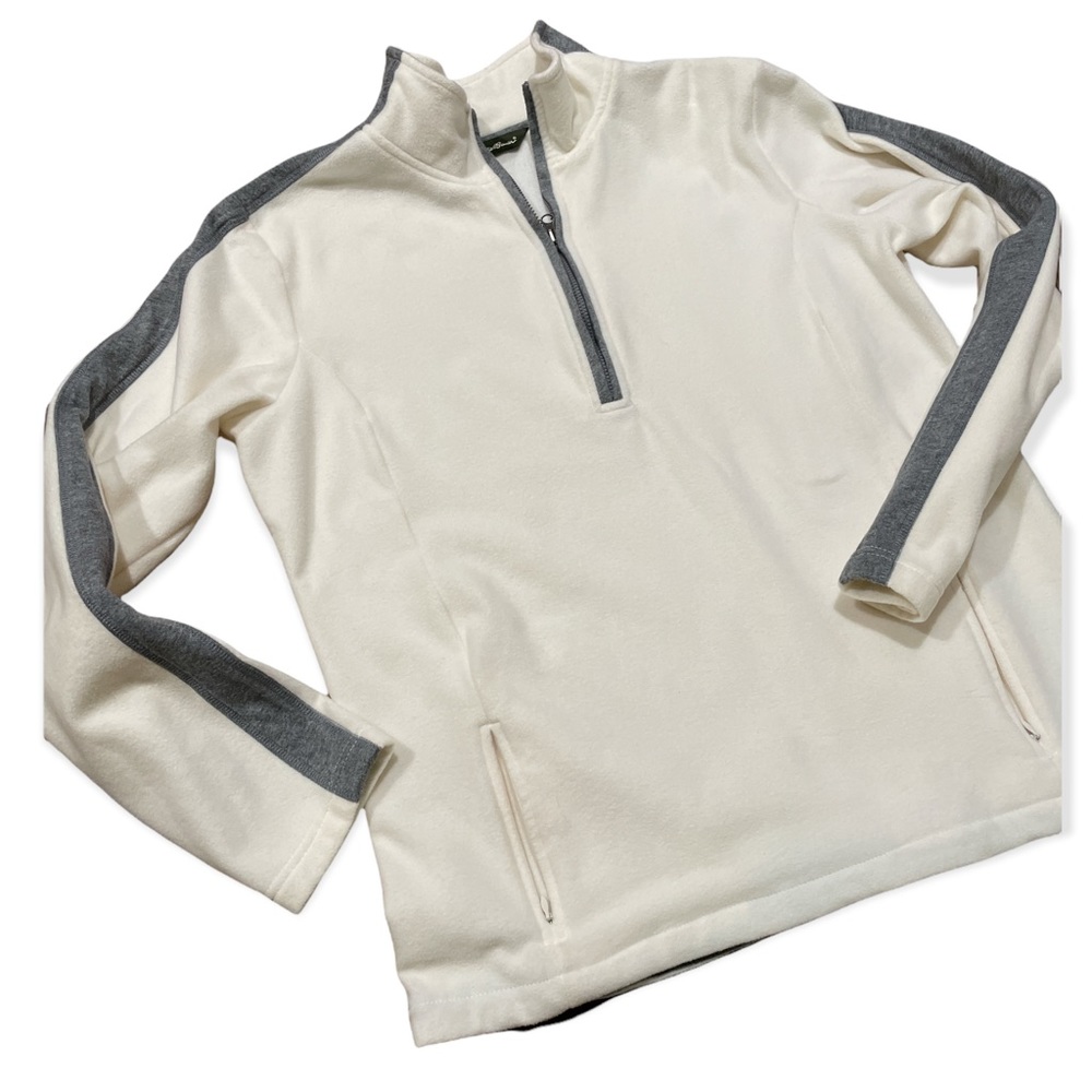 Eddie Bauer Pullover Fleece White and Gray 1/4 Zip Soft Size Large Front Pockets